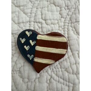 American Flag Heart Primitive Painted Brooch.
